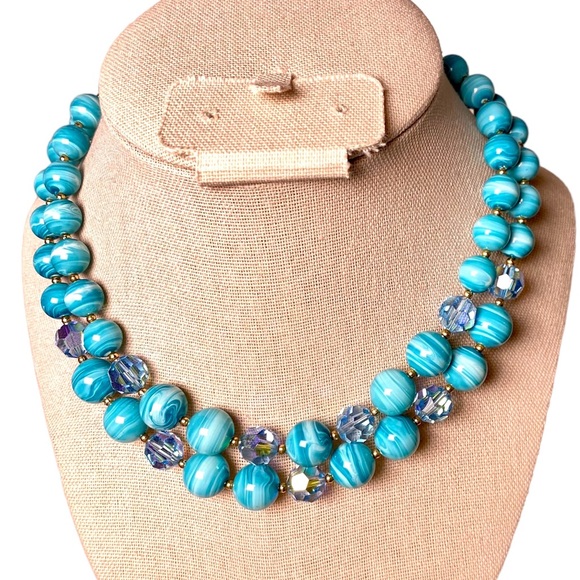 Beach Party Blue & White Swirled Double Strand Beaded Necklace - Vintage Estate - Picture 3 of 4